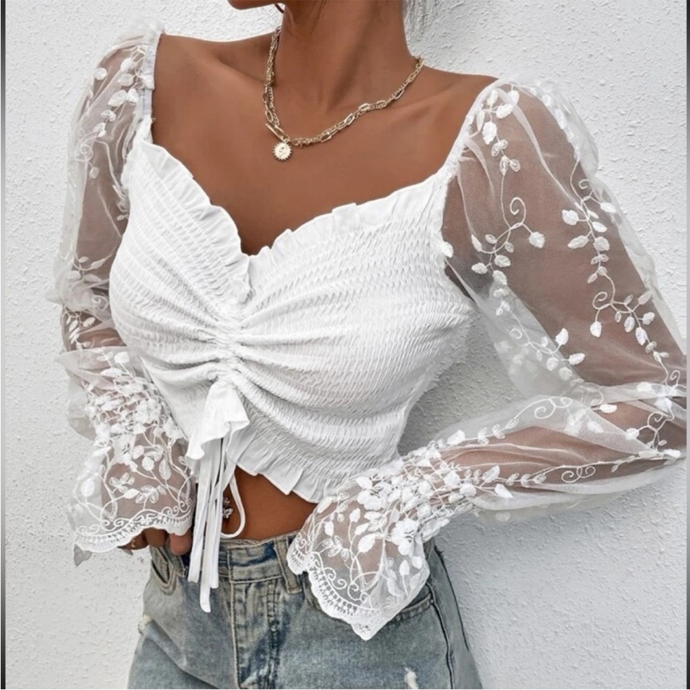 SHEIN Off Shoulder Embroidered Mesh Sleeve Drawstring Shirred Top